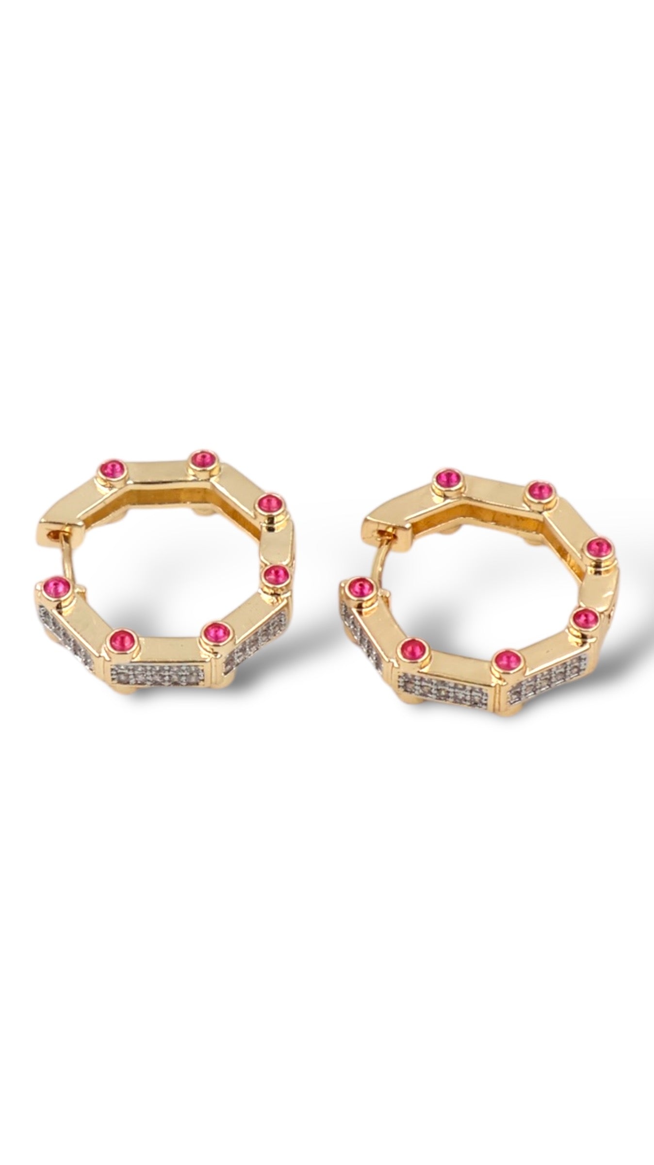 Geometric Gold Hoops with Pink Gemstone Accents – Chic & Unique