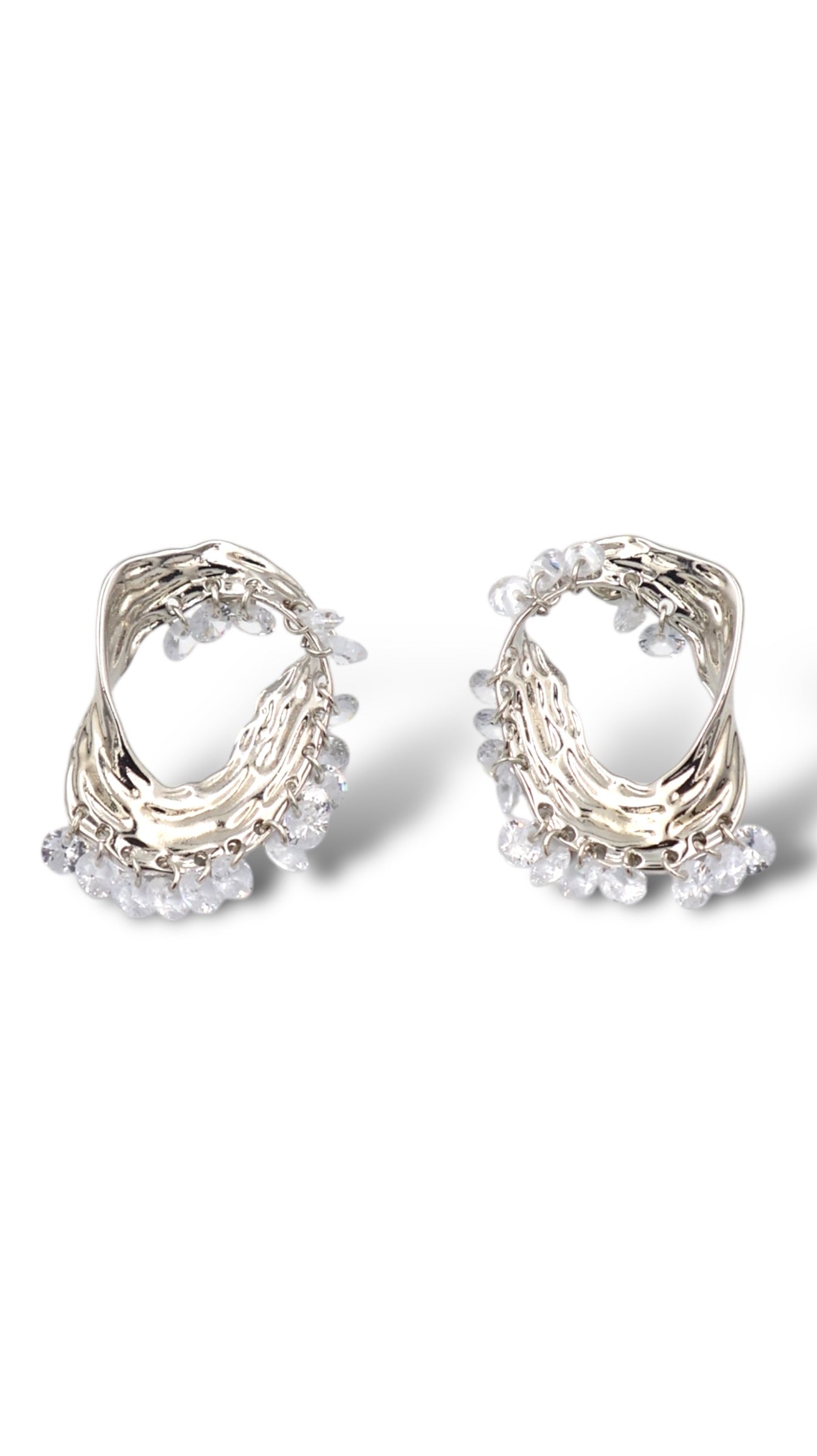 Sculptural Silver Hoop Earrings with Crystals – Bold and Artistic Statement Jewelry