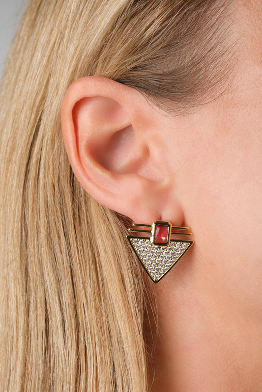 Gold Color Geometric Earrings with Red Stone and Rhinestone Detailing – Elegant & Glamorous