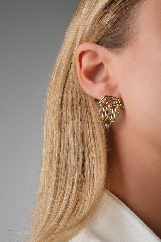 Gold Geometric Earrings with Rhinestones – Bold & Modern