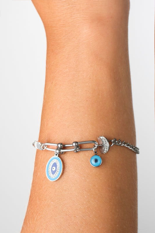 Silver Evil Eye Charm Bracelet with Multiple Pendants