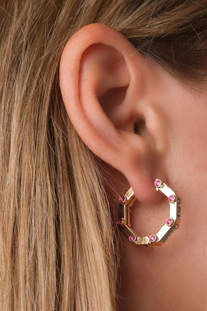 Geometric Gold Hoops with Pink Gemstone Accents – Chic & Unique