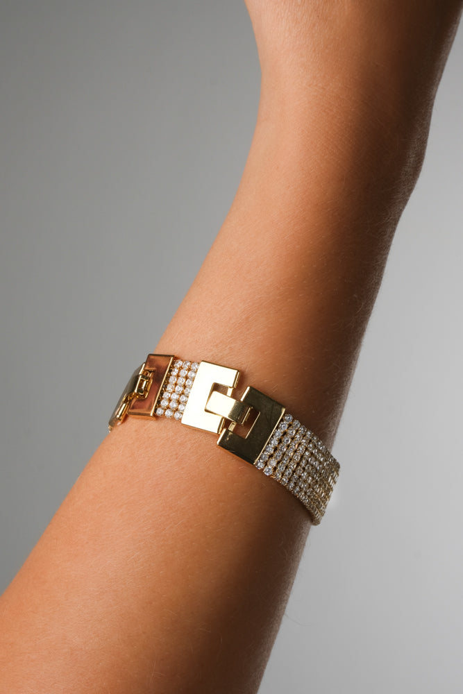 Gold Tone Geometric Link Bracelet with Crystal Accents